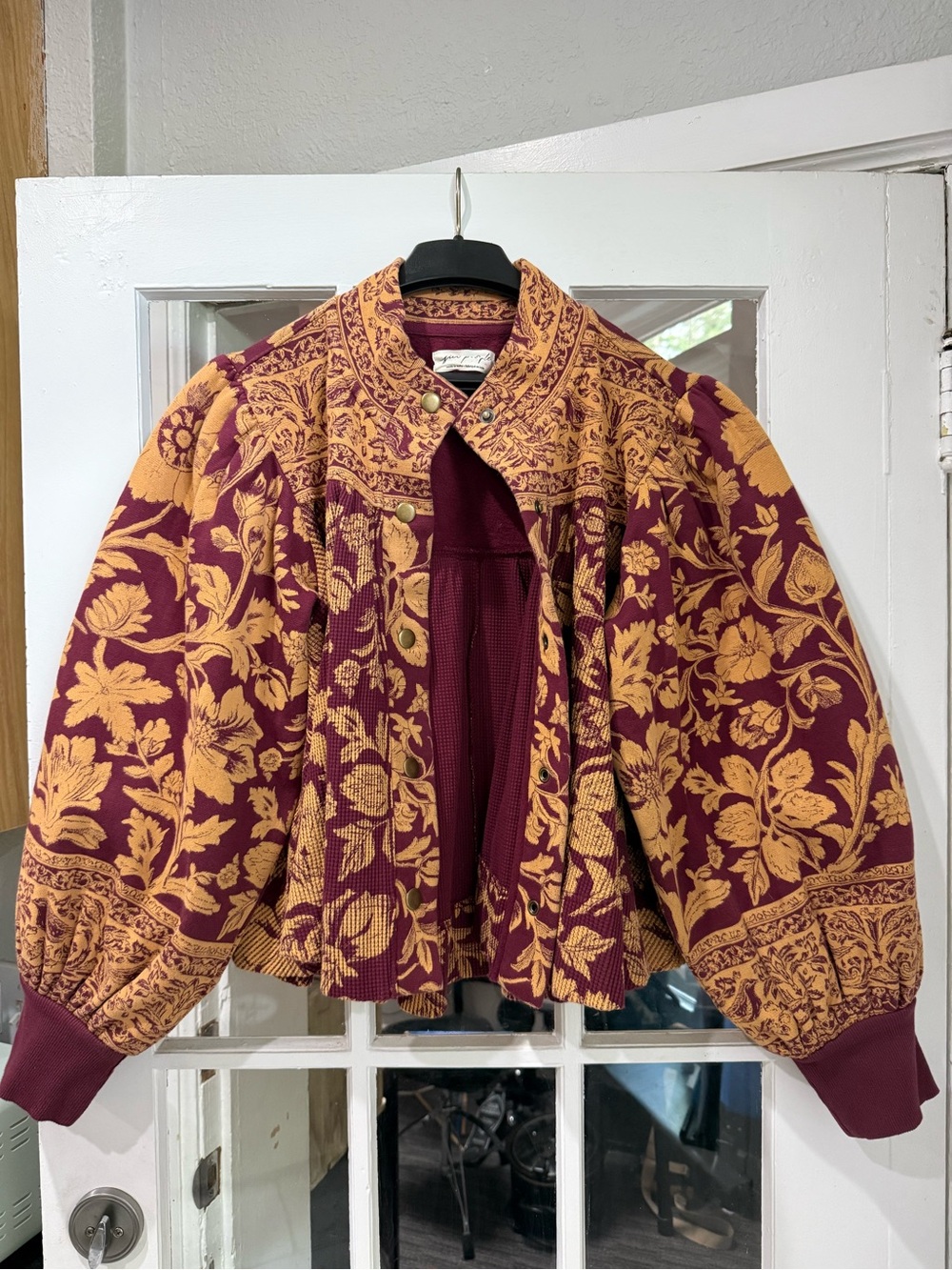 Free People Floral Jacquard Jacket - Maroon & Gold MEDIUM